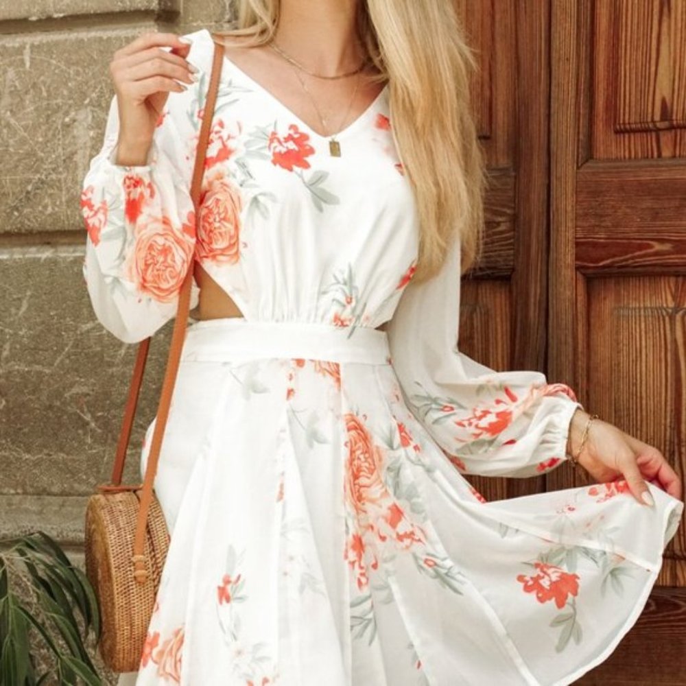 Floral Cutout Long Sleeve V-Neck Dress